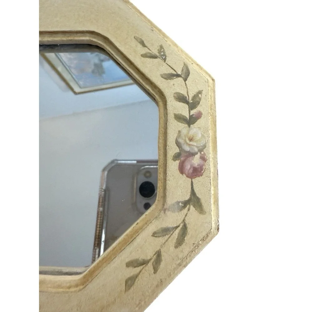 Vintage Wood Framed Wall Mirror Hexagon Farmhouse Cottage Decor‎ roses off white